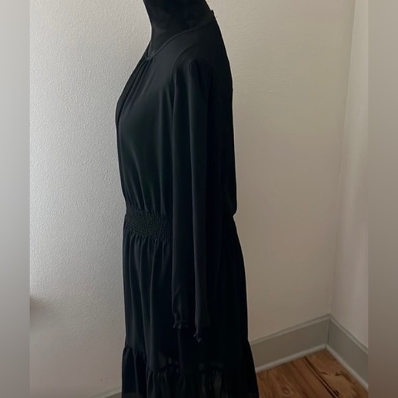 J Crew Black Dress Poly Sheer Lined Layered Cinch Waist Long Sleeved. VGUC Large - Picture 8 of 12